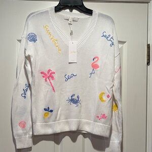 Lilly Pulitzer White V-Neck Sweater with Pink Flamingo & Coastal Embroidery